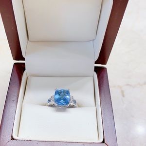 Genuine blue topaz and diamond white gold ring 6